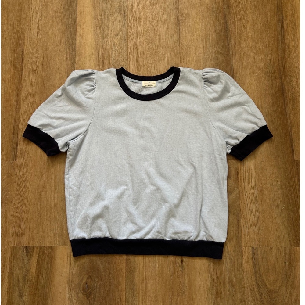 T.La Light Blue Short Sleeve Tee with Black Trim and Puff Sleeves